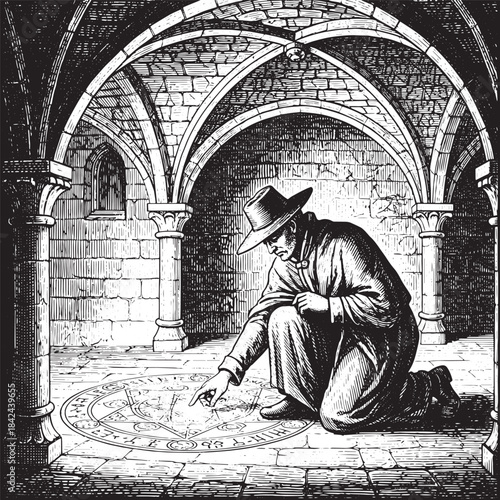 Engraved illustration of a medieval scholar deciphering ancient