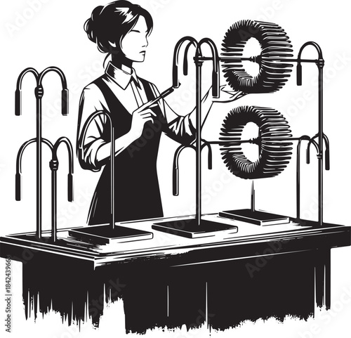Illustration of a woman studying magnetic fields with coils and