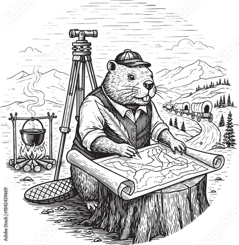 Engraved Beaver Cartographer in the Wilderness Plotting the West