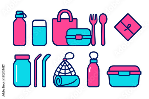 Colorful flat lay of reusable kitchen and picnic items for sustainable living and outdoor activities