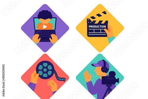 Creative process of video production with various stages shown in colorful graphics