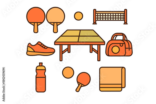 Collection of table tennis equipment and accessories in orange tones showcasing elements for a fun game session