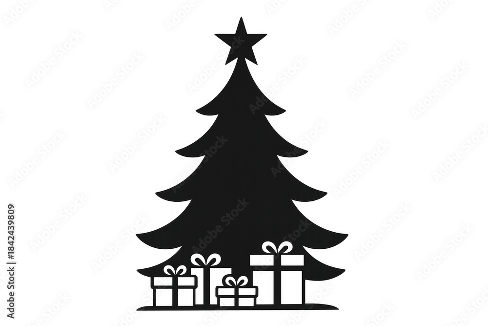 Obraz premium Christmas tree silhouette with presents and star, celebrating winter holidays and gift giving, transparent background