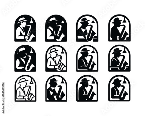 Jazz Saxophone Logo Variations. A jazz musician playing a saxoph