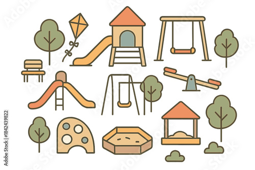 Colorful playground elements with swings, slides, and benches surrounded by trees in a sunny park setting