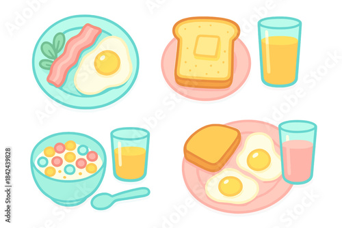 Breakfast spread with eggs, bacon, toast, and cereal served with juice in a colorful setting