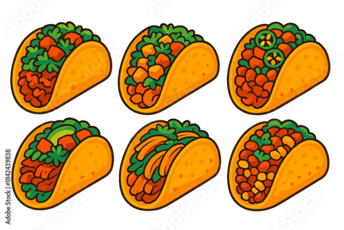 Colorful taco illustrations showcasing various delicious fillings ideal for a vibrant food menu or culinary project