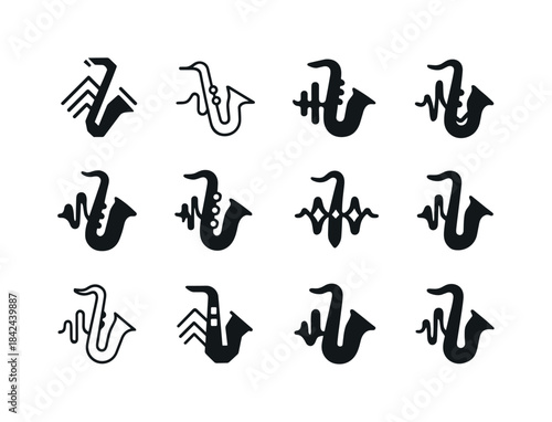 Jazz Icon Logo Variations. A jazz musician playing a saxophone i