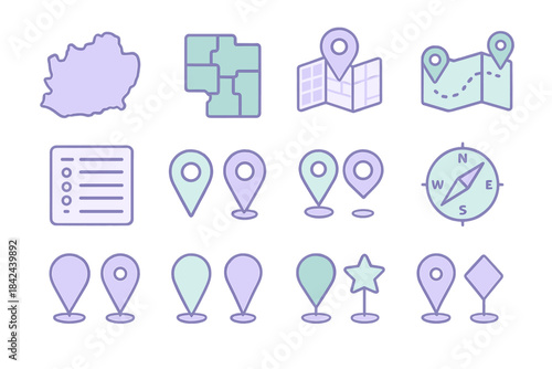 Map icons and symbols illustrating navigation and location services for travelers and explorers