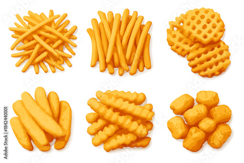 Variety of snack shapes including sticks, curls, and waffles displayed on a white background for a fun food experience
