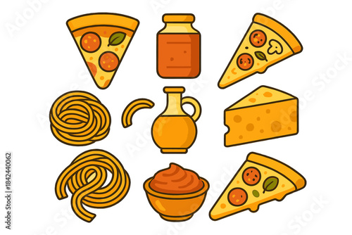 Delicious assortment of pizza, pasta, and sauces arranged in a colorful design
