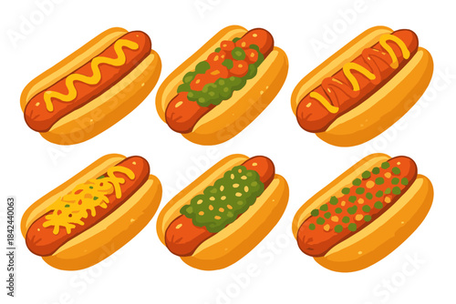 Colorful assortment of hot dogs with various toppings on a white background