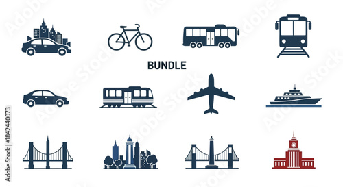 Urban Transportation and City Landmarks Icon Bundle.