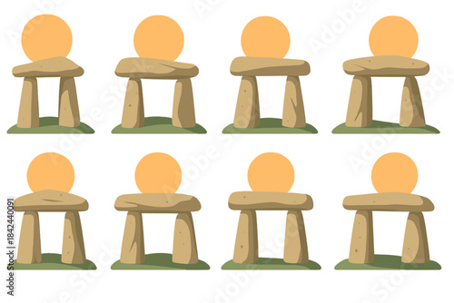 Digital illustration of ancient stone structures aligned with a setting sun on a grassy landscape