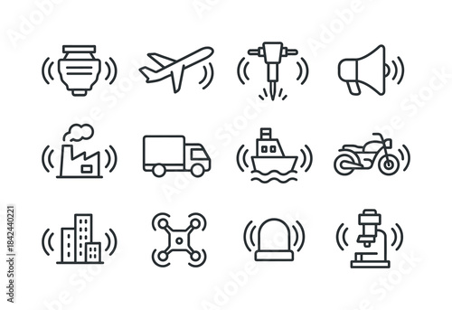 Human-Made Noise Icons. Human-made noise. Line icon set of human