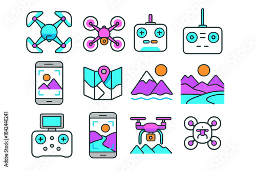 Colorful icons representing various drone-related activities and technologies in a grid layout