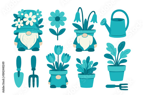 Colorful garden gnomes and plants in cheerful turquoise tones decorate a lively spring scene