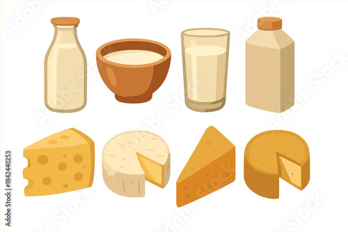 Variety of dairy products including milk, cheese, and yogurt displayed on a white background