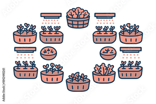 Garden planning with circular layout and various plants in raised beds during spring season