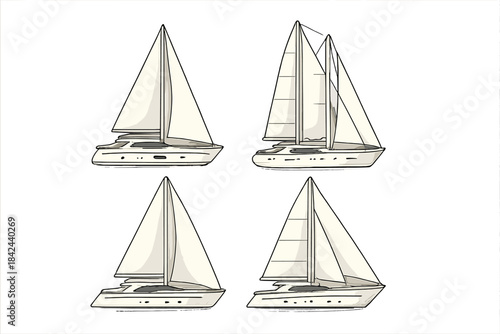 Different styles of sailboats displayed in an artistic grid for nautical design enthusiasts and marine lovers