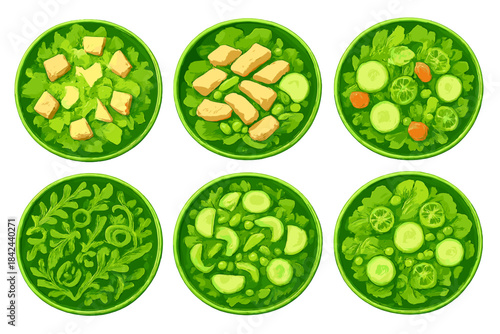 Colorful selection of fresh salads with greens, cucumbers, and vegetables displayed on white plates