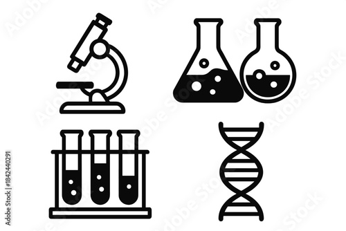 Science laboratory tools including microscope, beakers, test tubes, and DNA structure used for experiments