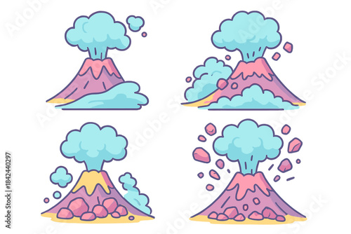 Volcanic eruptions displayed with colorful illustrations showing smoke, lava, and rock activity in a vibrant setting