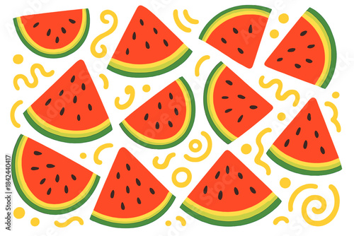 Colorful watermelon slices arranged playfully with yellow squiggles and shapes on a bright background