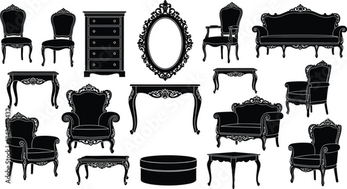 Vintage luxury furniture silhouette collection, classic chairs, ornate sofa, antique tables, elegant mirror frame, royal interior decoration vector illustration for timeless design
