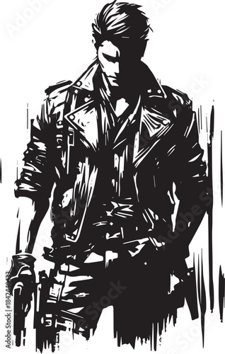 Monochrome stylized depiction of a figure in jacket with textura