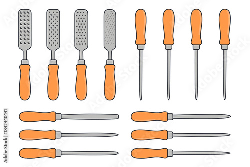 Various styles of hand tools displayed with orange handles on a white background for woodworking or crafting purposes