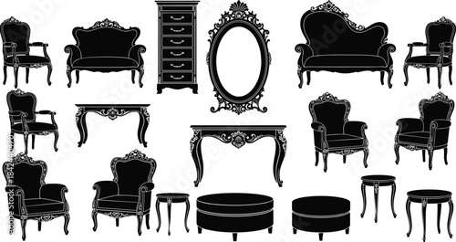 Vintage ornate furniture silhouette collection, classic chairs, elegant sofas, antique tables, decorative mirror frame, luxury interior decoration vector illustration for timeless classic design