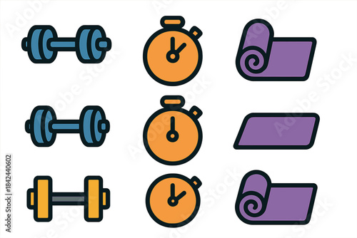 Fitness equipment icons featuring dumbbells, stopwatches, and mats designed for gym enthusiasts and workout routines