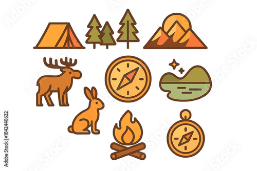 Nature-themed icons depicting outdoor activities and wildlife in a colorful graphic design