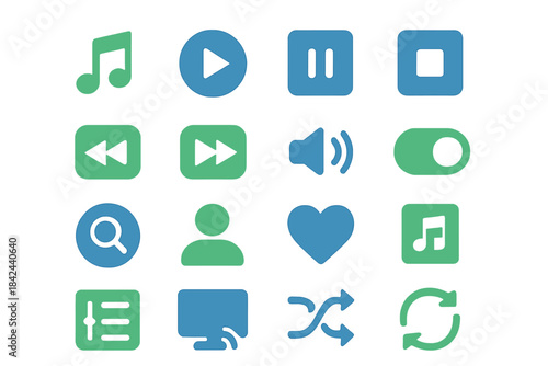 Collection of colorful media control icons featuring play, pause, volume, and more in a grid layout