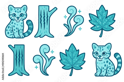 Cute cartoon snow leopard among tree trunks and leaves in a playful nature-themed design for kids