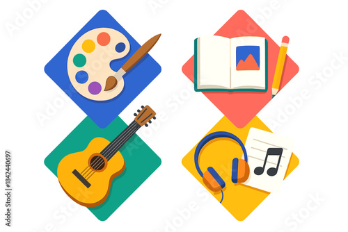Creative hobbies showcasing art, music, and reading activities in a colorful design