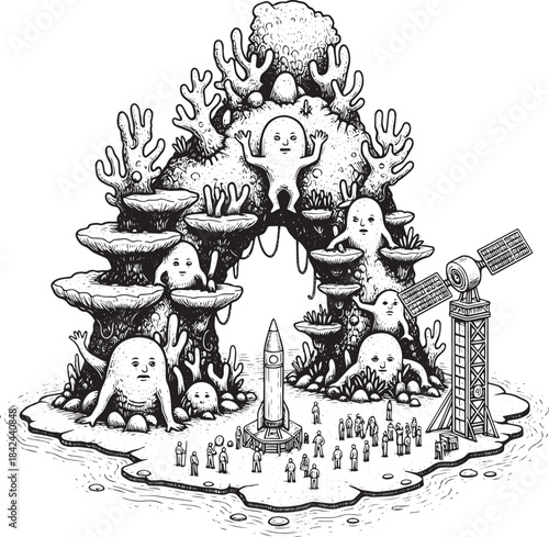 Monochrome Utopia Engraving: Extraterrestrial Oasis with Figures