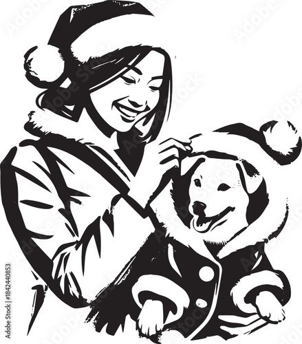 Joyful bond: Woman adorning her dog in festive Christmas attire