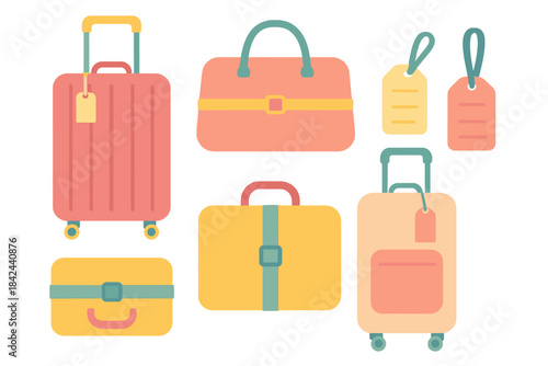 Colorful collection of luggage and travel bags with tags in various shapes and sizes for vacations and adventures