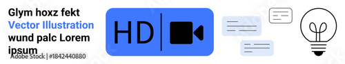 Technology, communication, digital media, video creation, innovation, brainstorming. Features HD video icon, text bubbles and light bulb. Technology and communication concepts