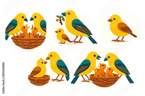 Bright yellow birds engaging in family activities around their nest in a lush environment during the day