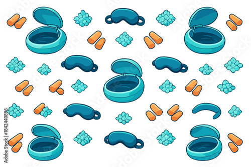 Colorful pattern of eye care products including cases, gels, and accessories for contact lenses in a playful design