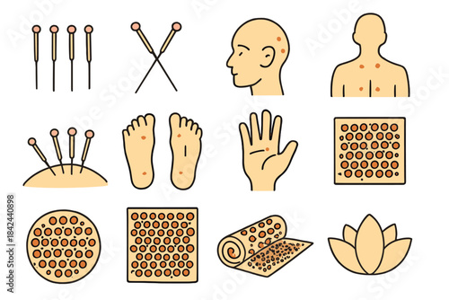 Acupuncture and acupressure therapy tools and human body points illustrated in a simple design