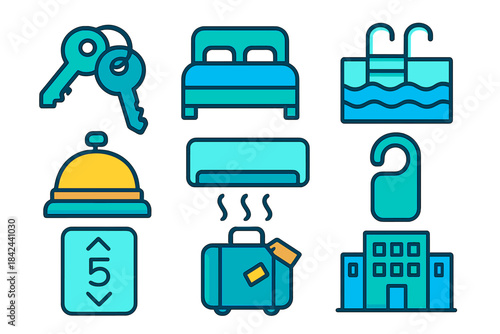 Various hotel icons representing amenities and services displayed on a digital interface