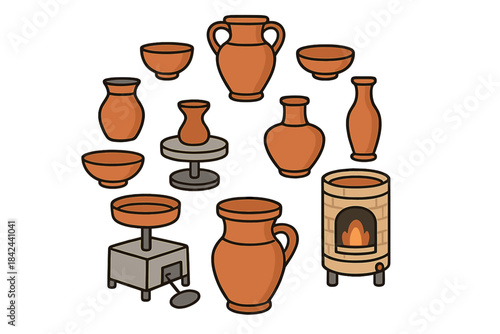 Collection of ceramic pottery and tools in an artistic display arranged on a white background showcasing traditional craftsmanship