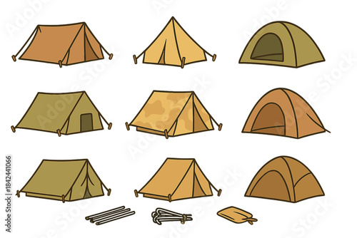 Various camping tents in different shapes and colors arranged in a neat grid suitable for outdoor activities