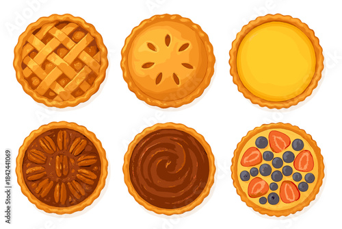 Delicious variety of colorful pies displayed on a white background during a baking event