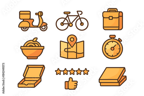 Delivery services and transportation icons in a simple design showcasing various modes of travel and food options