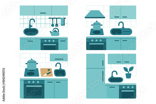 Stylish turquoise kitchen in a modern home showcasing cooking tools and design elements